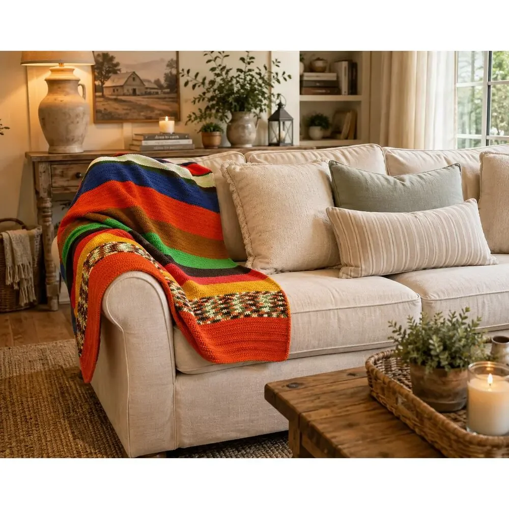 Vintage Handmade Crochet Throw Blanket | Reversible Boho Afghan 49